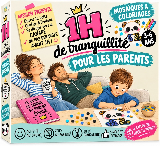 La boîte 1H de Tranquillité pour les parents : les deux parents allongés sur le canapé, l'un tenant une tasse « Ne pas déranger avant 1h », pendant que leur fils décore un panda en gommettes.