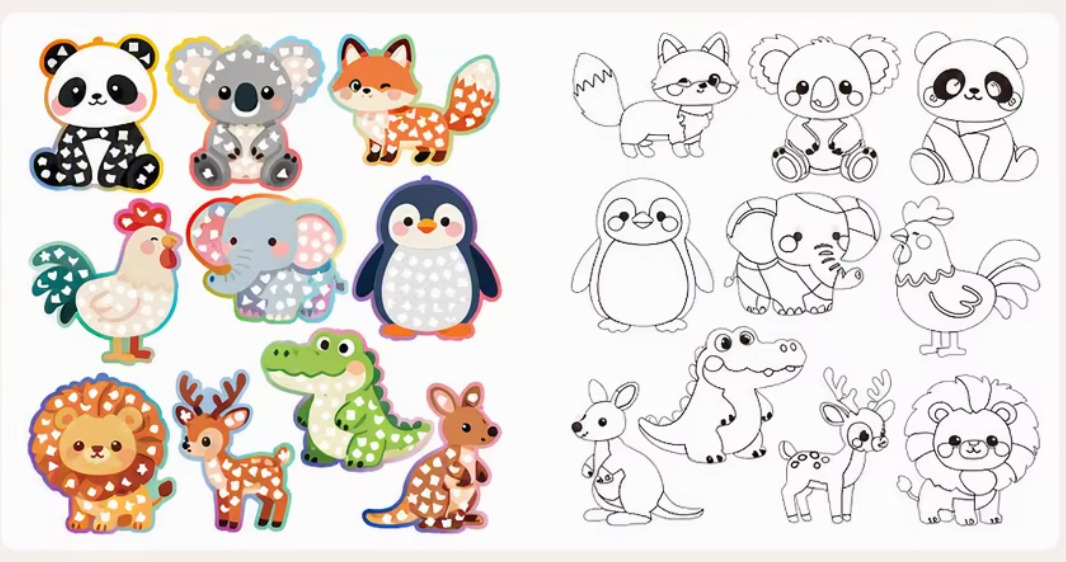 Les dix animaux du jeu — panda, koala, renard, poule, éléphant, pingouin, lion, cerf, crocodile et kangourou — en deux versions : à gauche décorés de gommettes pailletées, à droite en contours à colorier.